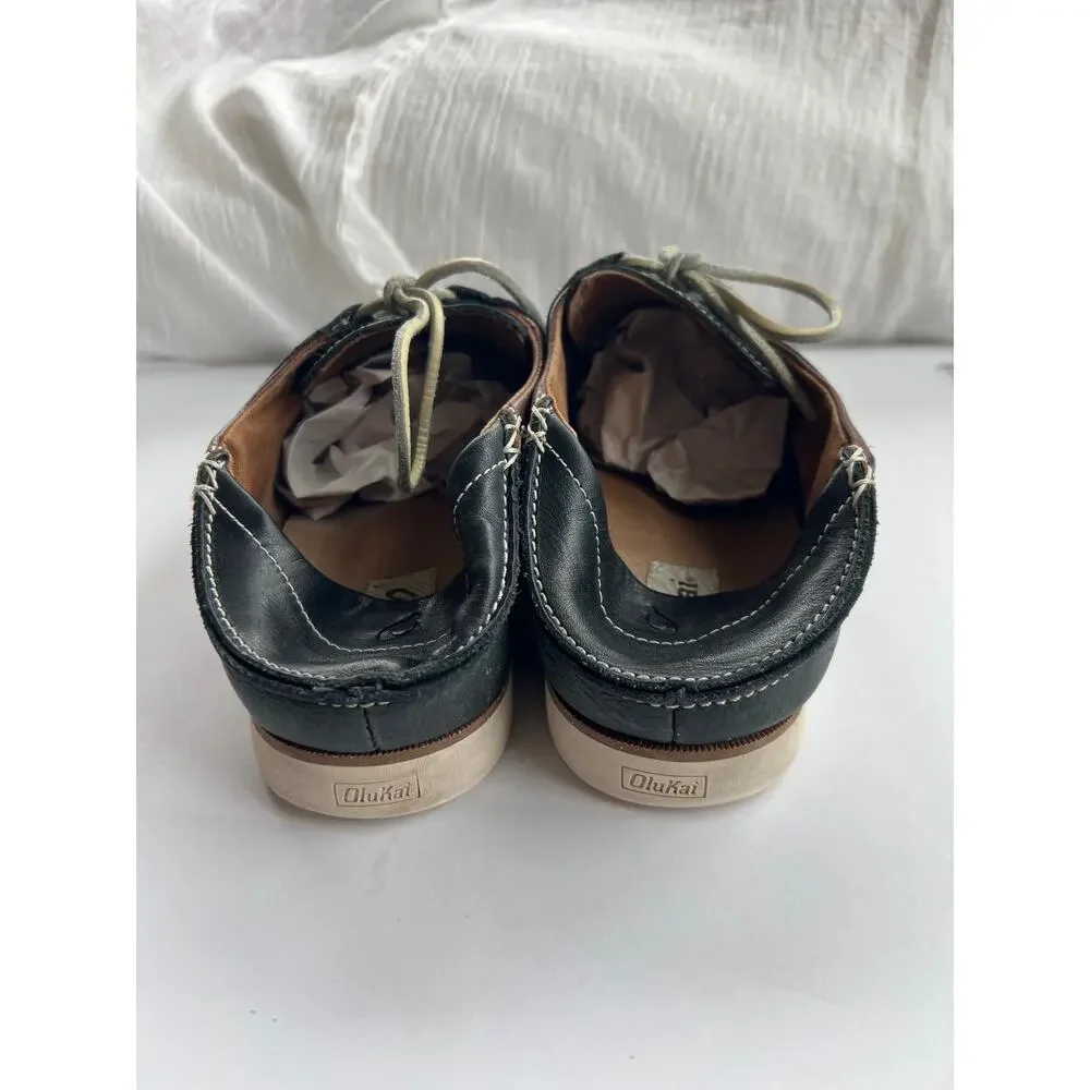 OluKai Moku Men's Black Leather Boat Shoes - Size 10.5 - Excellent Tread